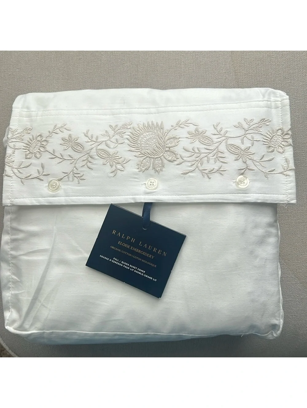 Ralph Lauren Eloise Embroidery Organic Cotton Duvet in Platinum Full/Queen NWT